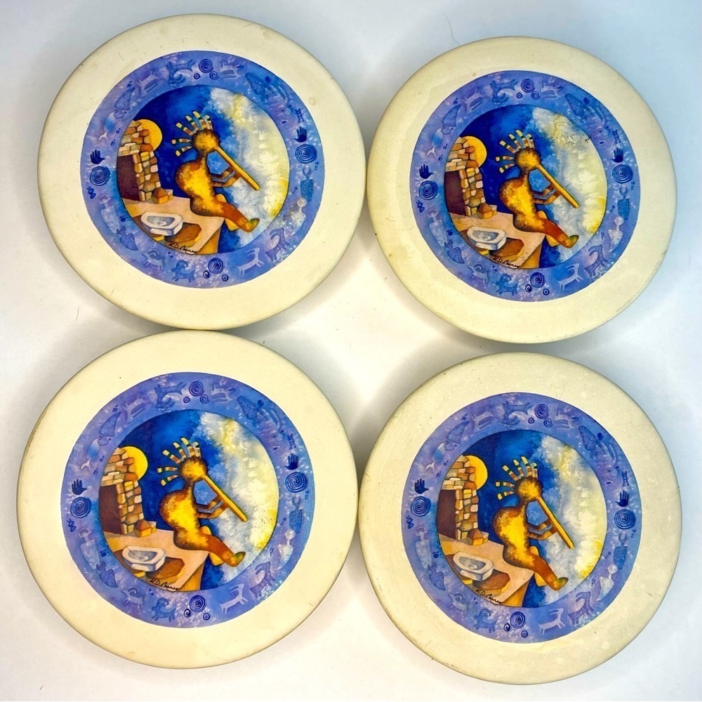 NATIVE AMERICAN KOKOPELLIS PLAYING FLUTE COASTERS